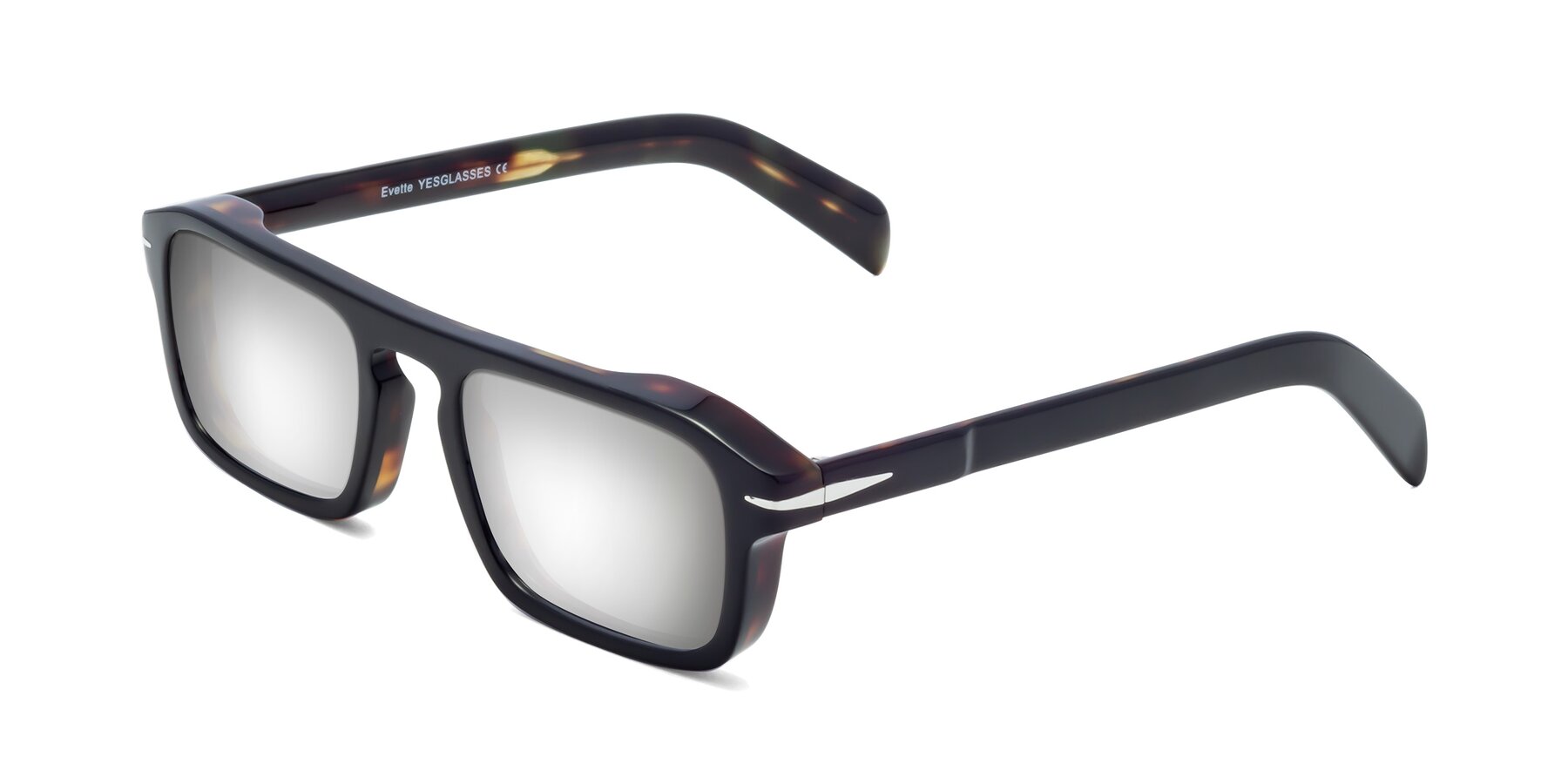 Angle of Evette in Black-Tortoise with Silver Mirrored Lenses