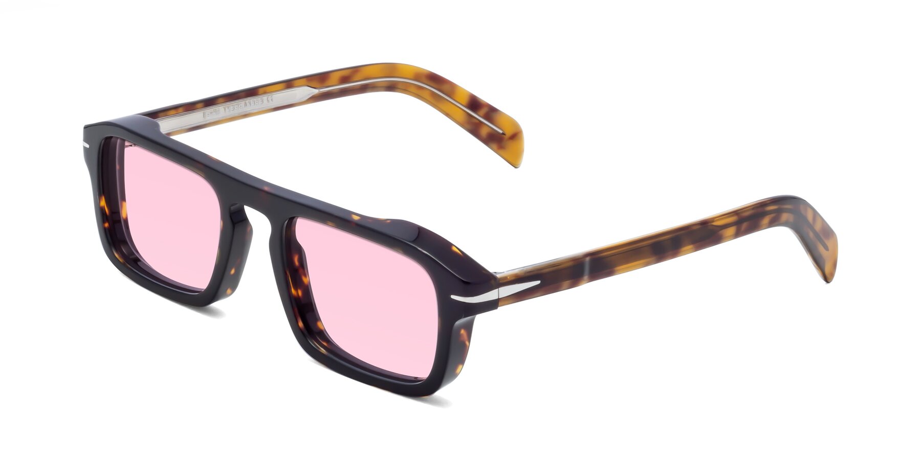 Angle of Evette in Tortoise with Light Pink Tinted Lenses