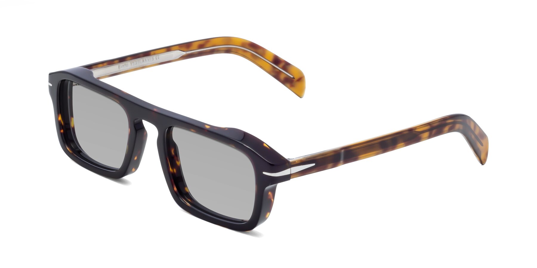 Angle of Evette in Tortoise with Light Gray Tinted Lenses