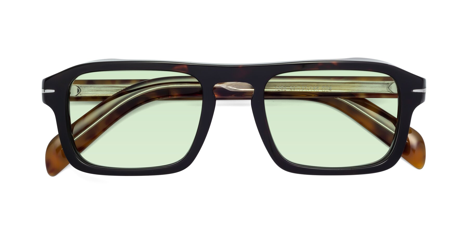 Folded Front of Evette in Tortoise with Light Green Tinted Lenses