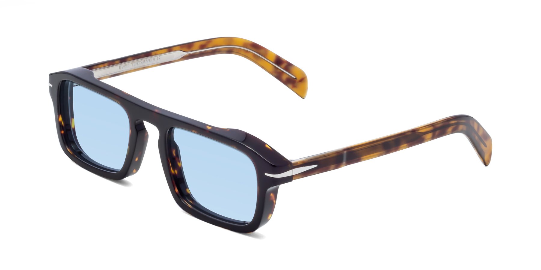 Angle of Evette in Tortoise with Light Blue Tinted Lenses