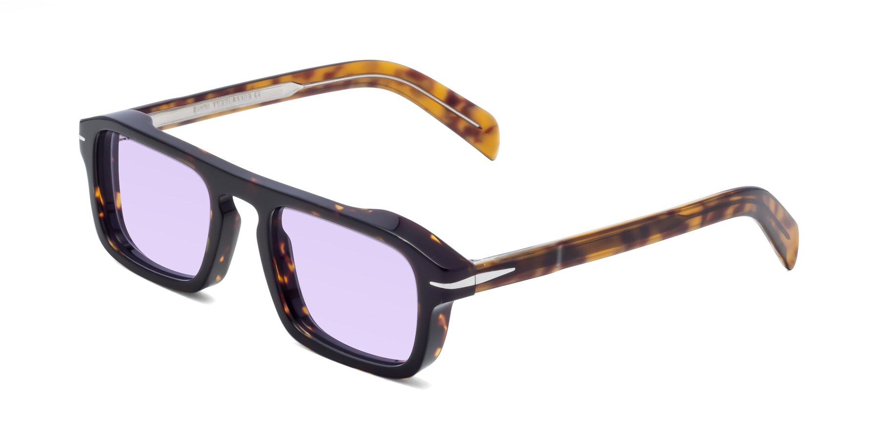 Angle of Evette in Tortoise with Light Purple Tinted Lenses