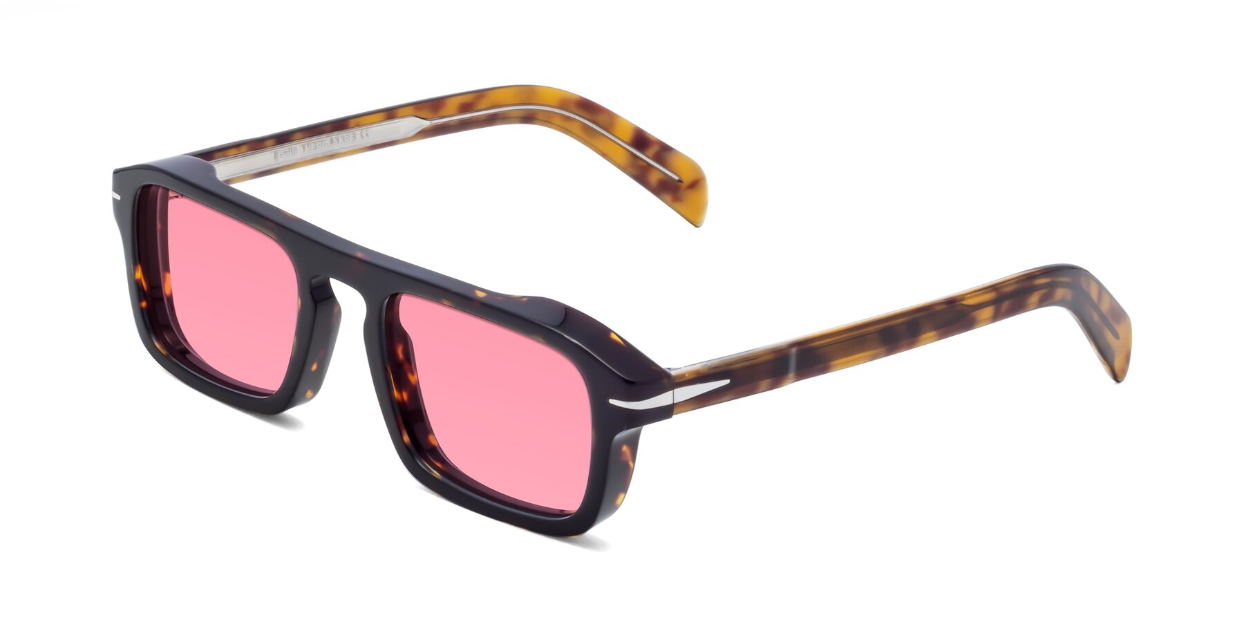 Angle of Evette in Tortoise with Pink Tinted Lenses