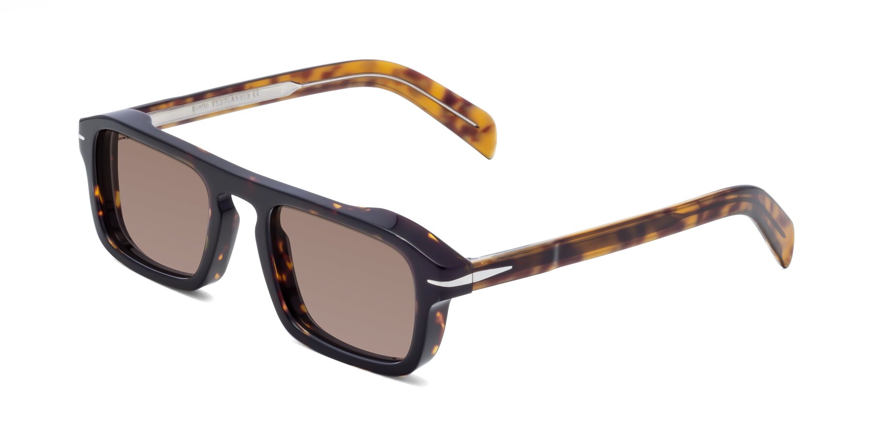 Angle of Evette in Tortoise with Medium Brown Tinted Lenses
