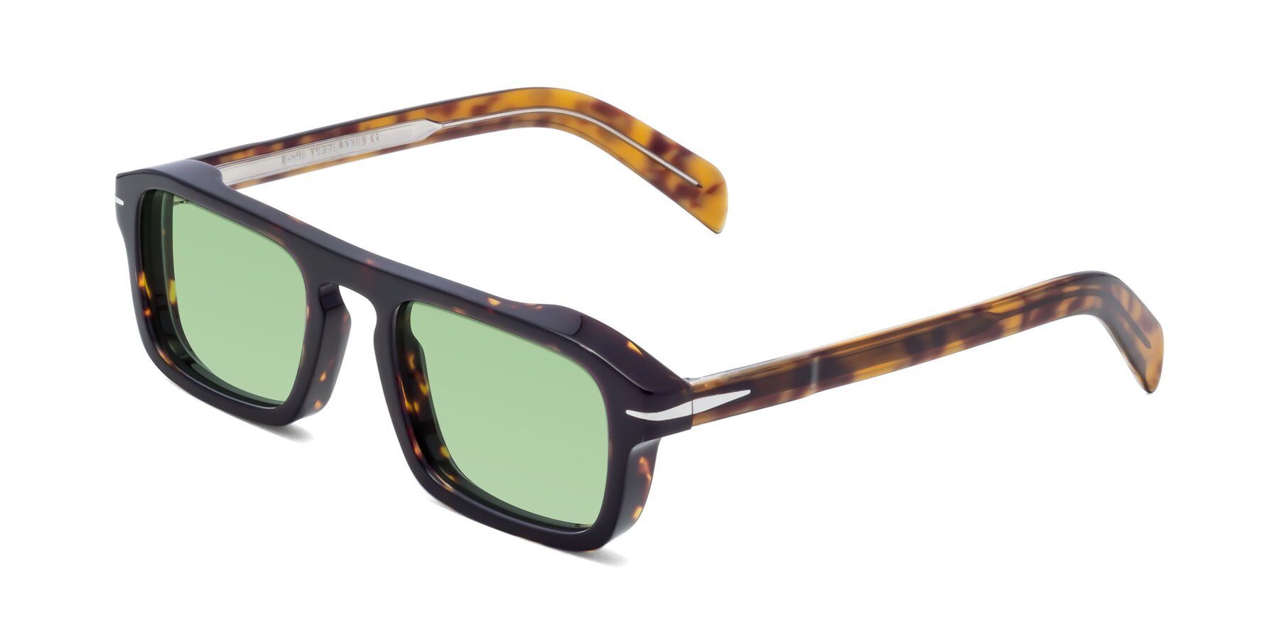 Angle of Evette in Tortoise with Medium Green Tinted Lenses