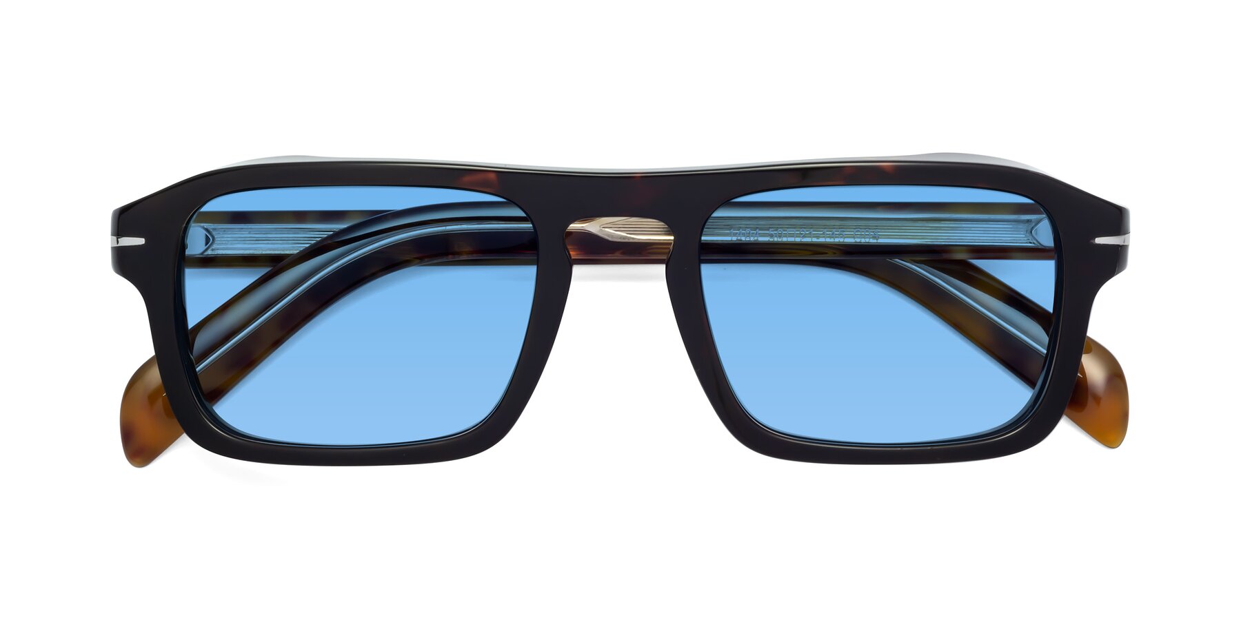 Folded Front of Evette in Tortoise with Medium Blue Tinted Lenses