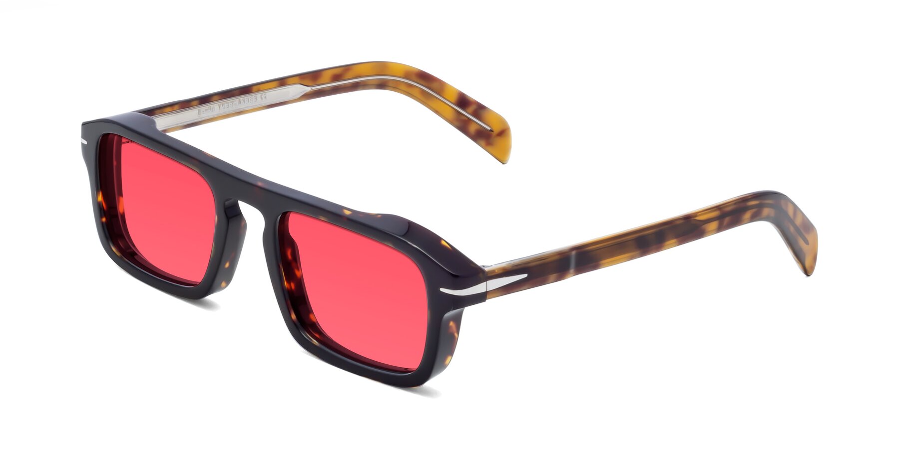 Angle of Evette in Tortoise with Red Tinted Lenses