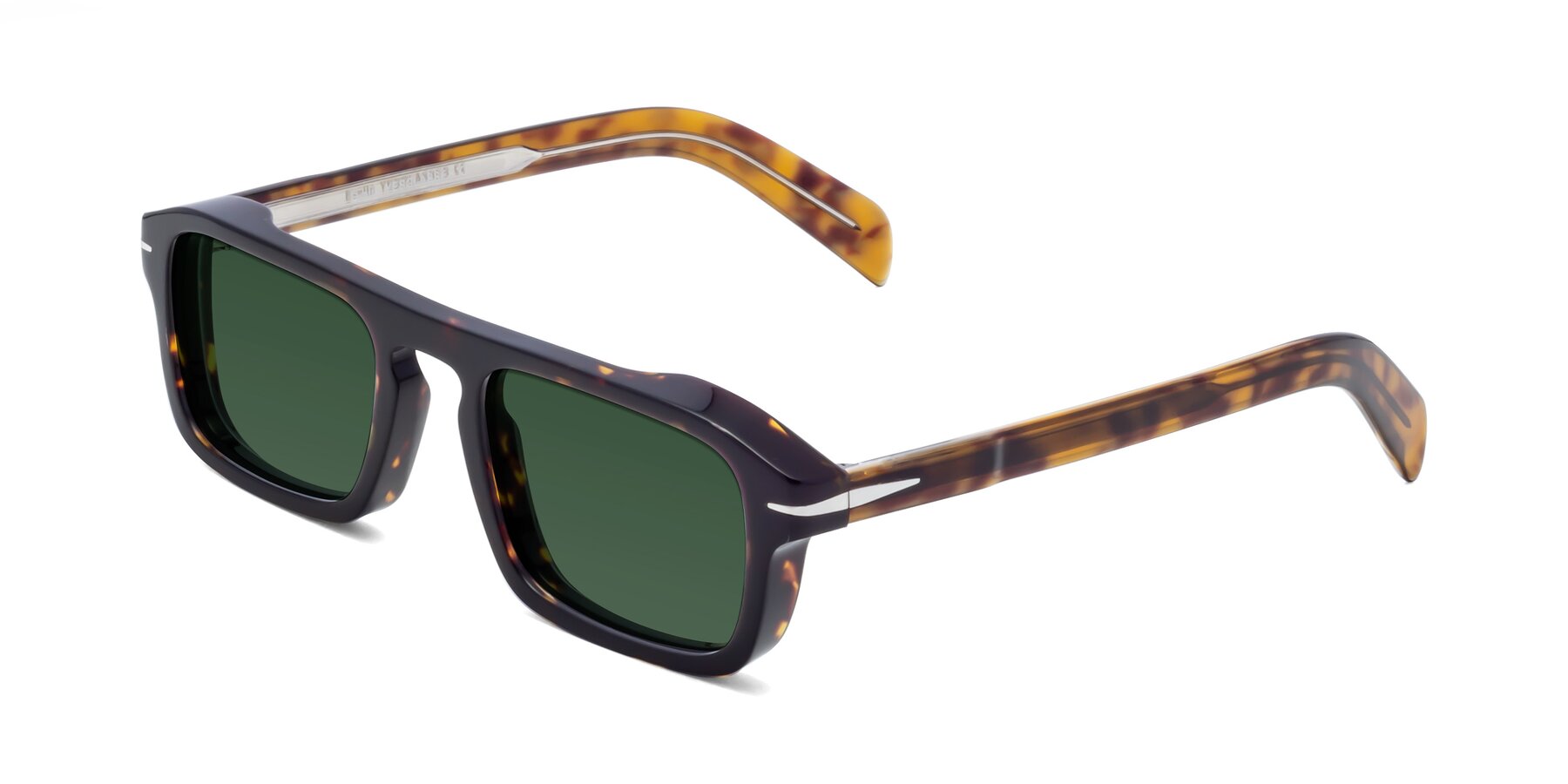 Angle of Evette in Tortoise with Green Tinted Lenses