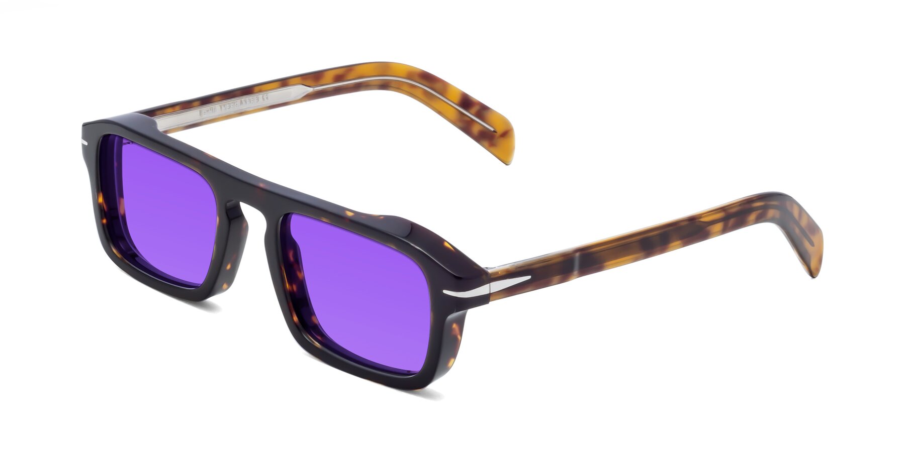 Angle of Evette in Tortoise with Purple Tinted Lenses