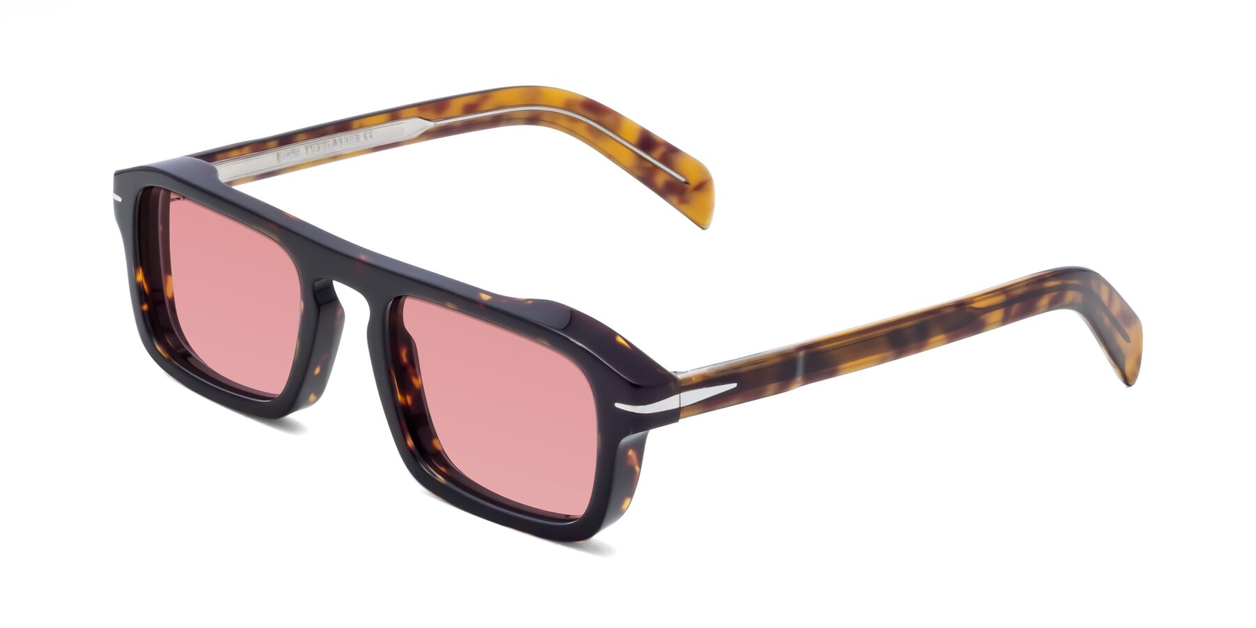 Angle of Evette in Tortoise with Medium Garnet Tinted Lenses