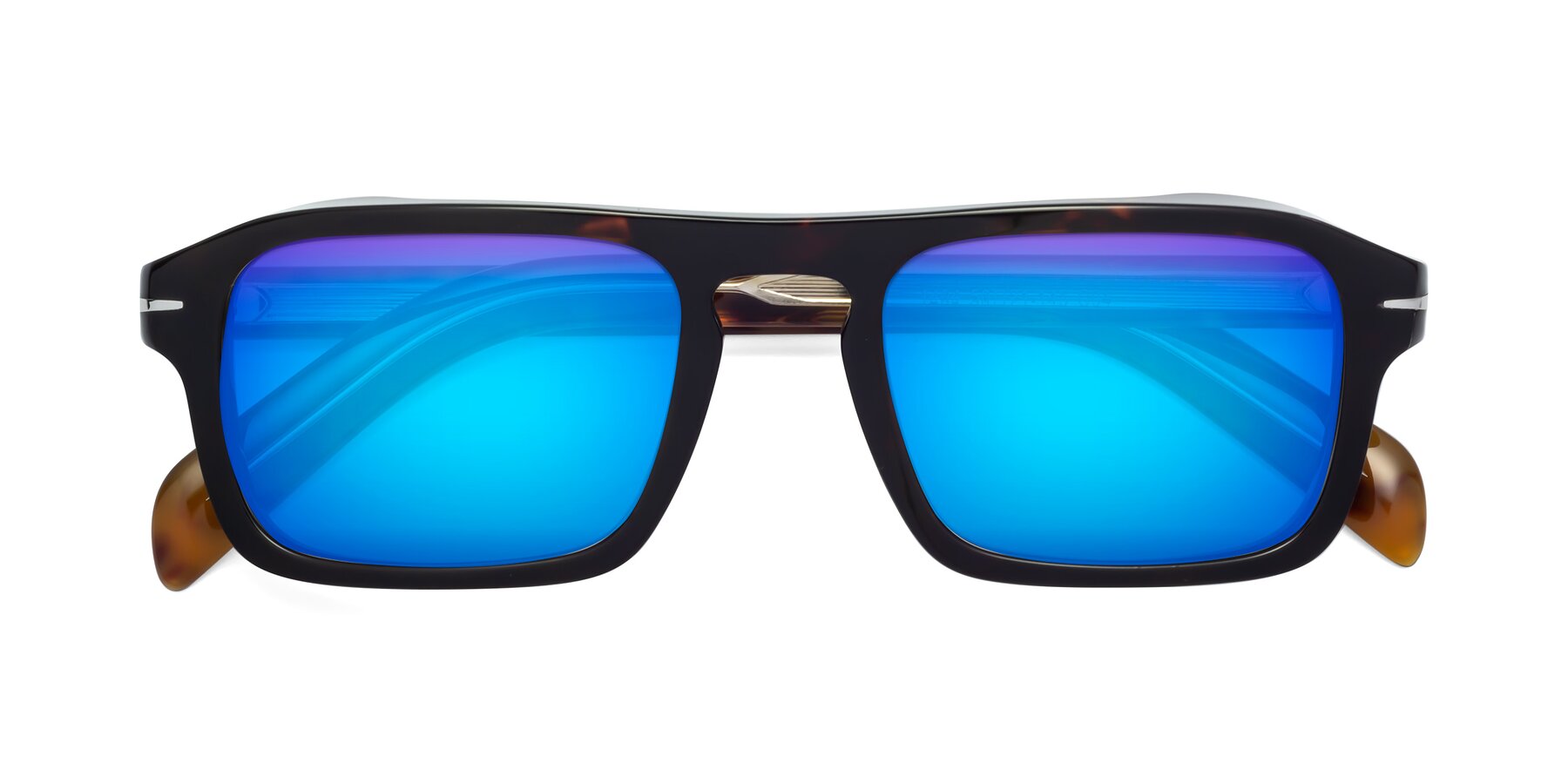 Folded Front of Evette in Tortoise with Blue Mirrored Lenses