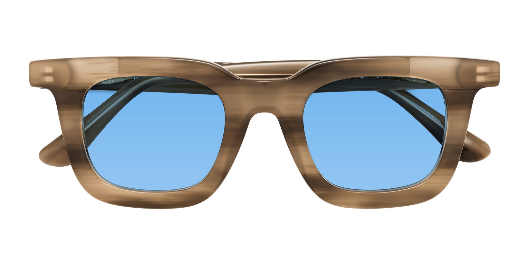 Folded Front of Mill in Striped Brown with Medium Blue Tinted Lenses