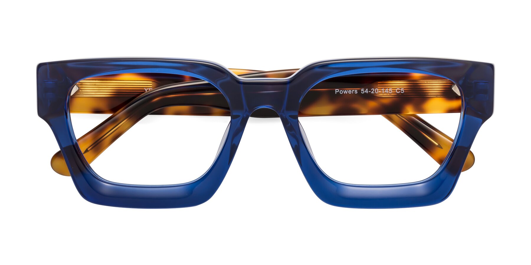 Folded Front of Powers in Blue-Tortoise with Clear Eyeglass Lenses