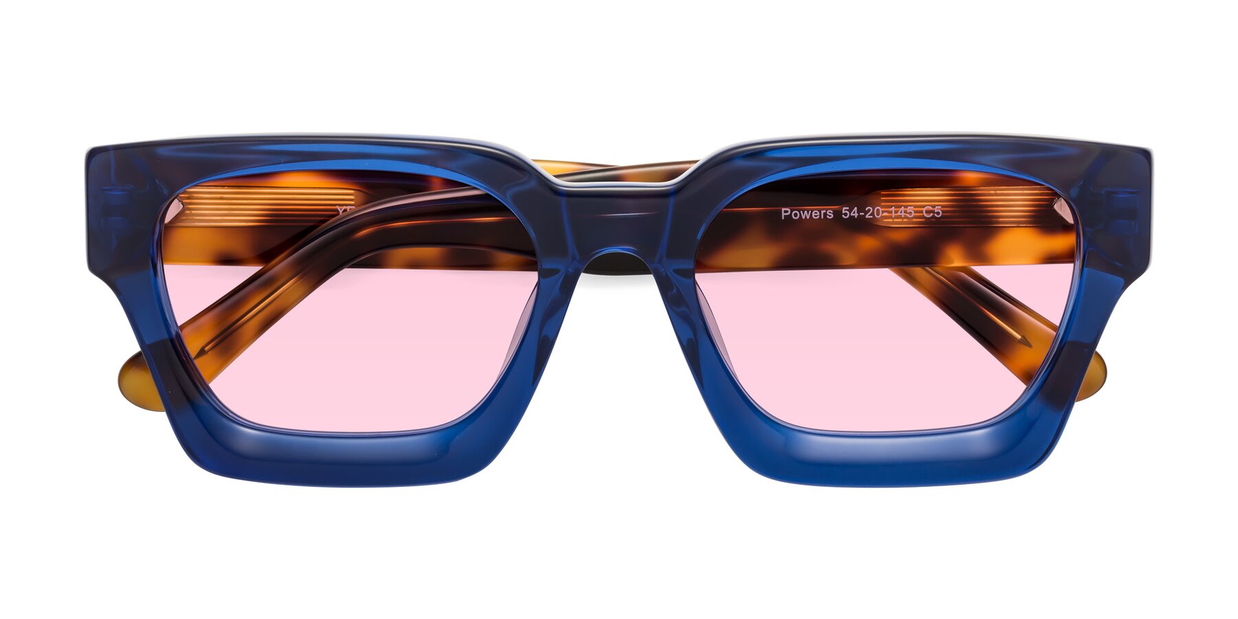 Folded Front of Powers in Blue-Tortoise with Light Pink Tinted Lenses