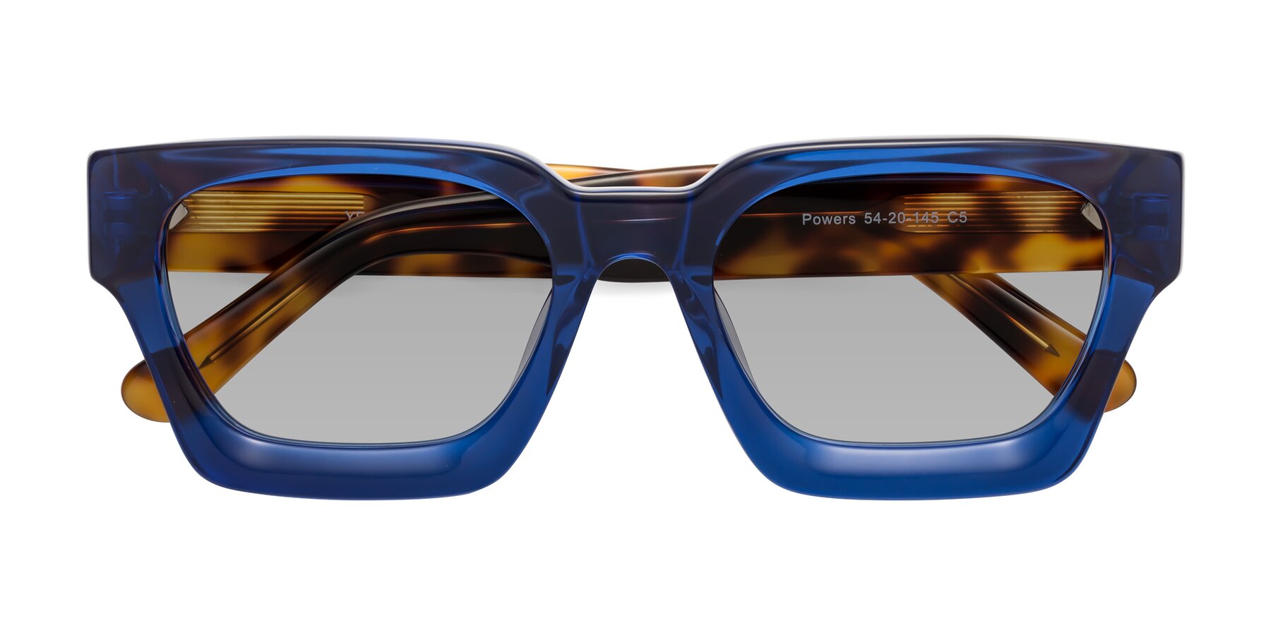 Folded Front of Powers in Blue-Tortoise with Light Gray Tinted Lenses
