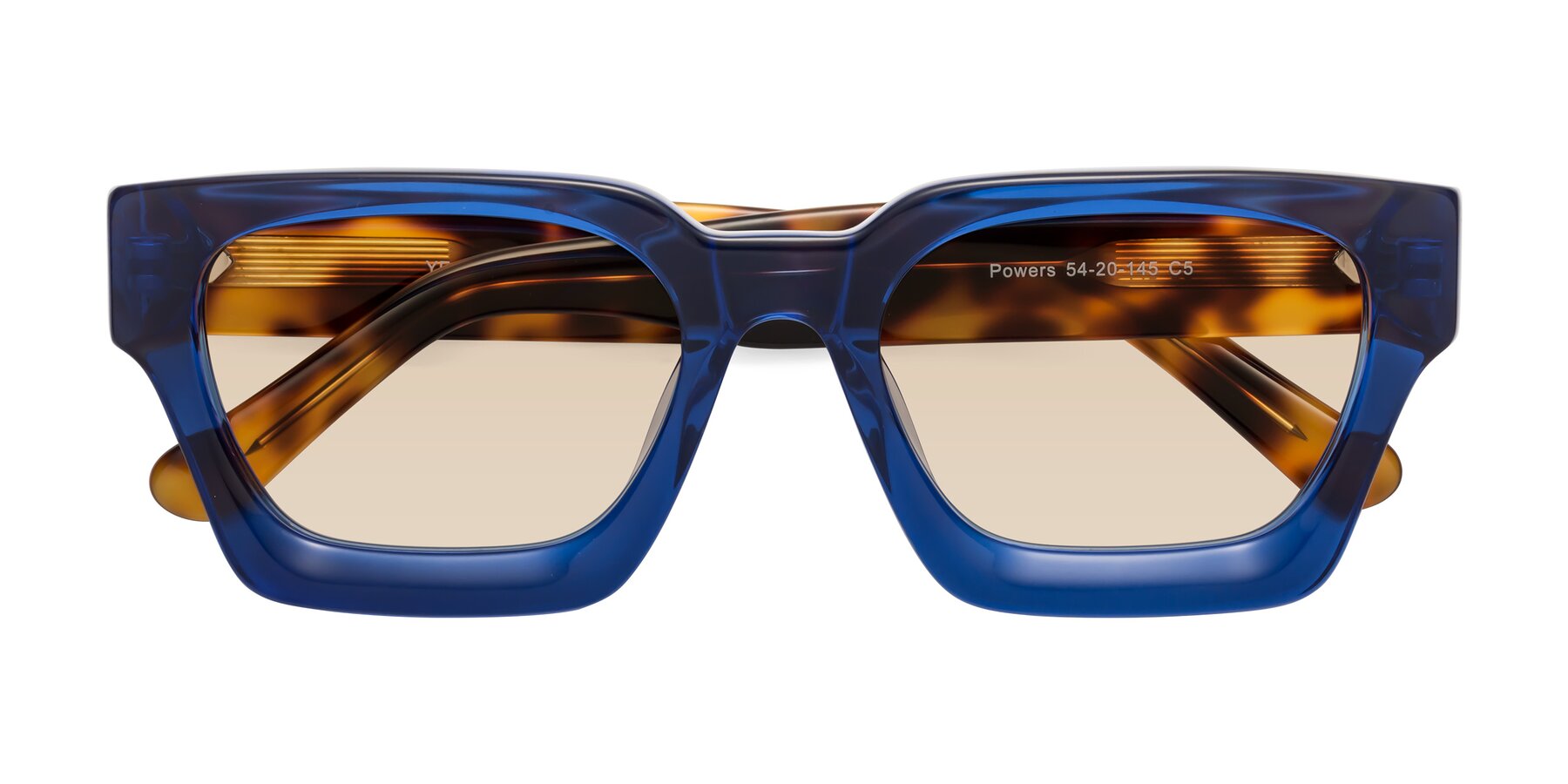 Folded Front of Powers in Blue-Tortoise with Light Brown Tinted Lenses