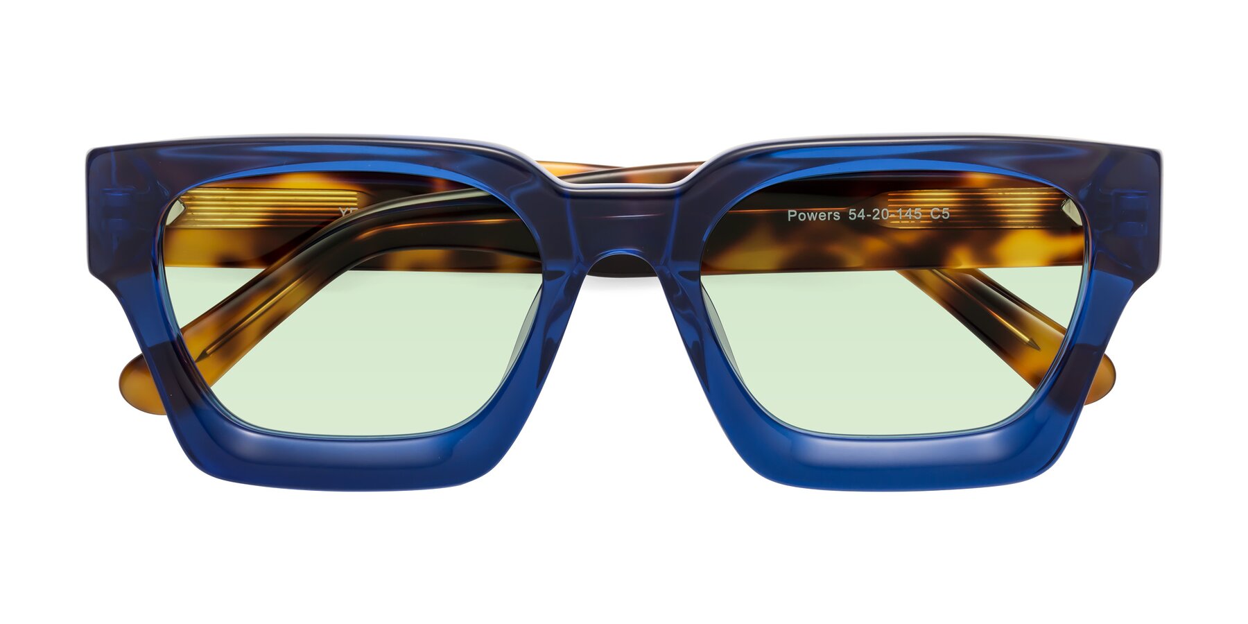 Folded Front of Powers in Blue-Tortoise with Light Green Tinted Lenses