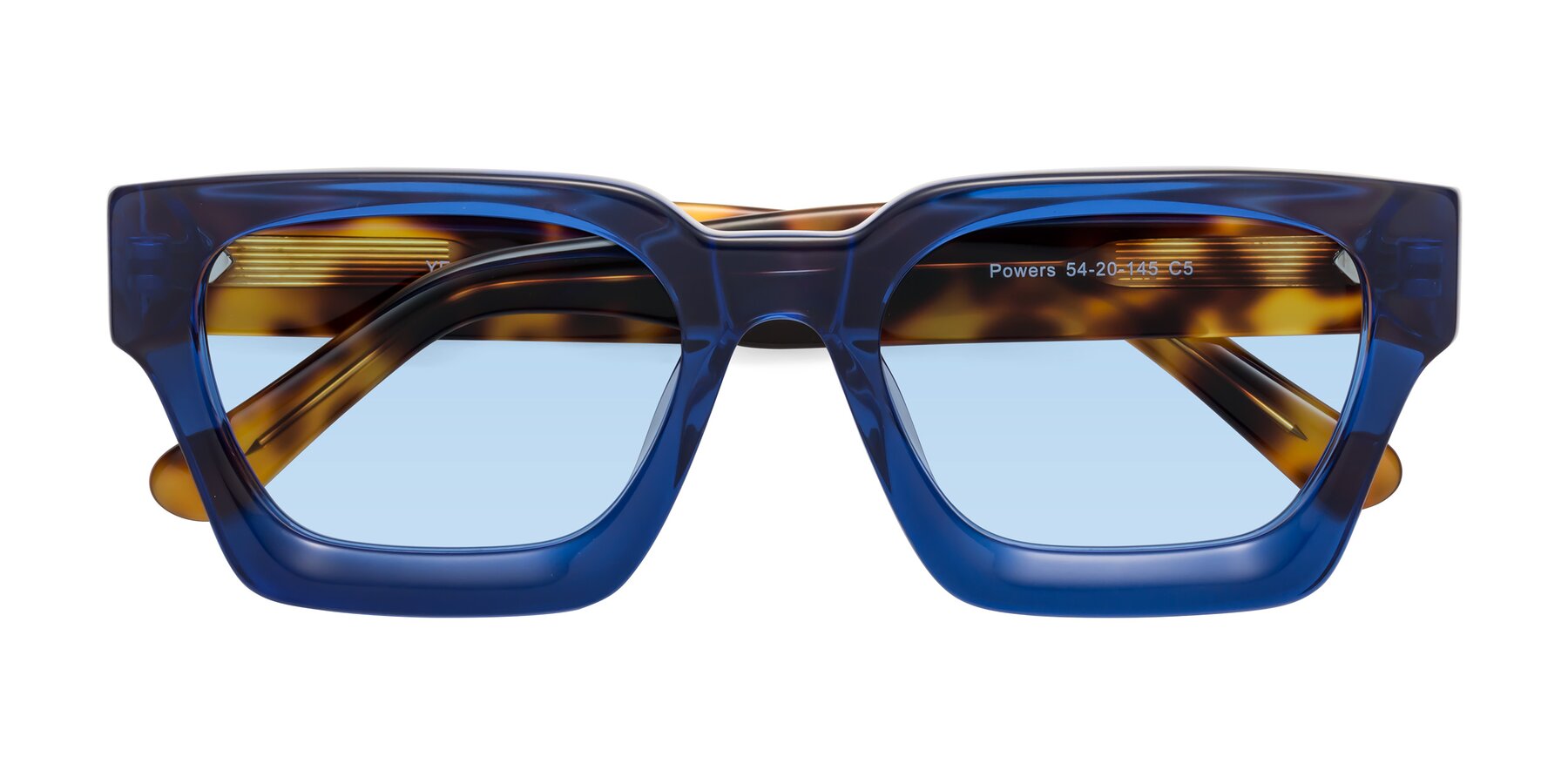 Folded Front of Powers in Blue-Tortoise with Light Blue Tinted Lenses