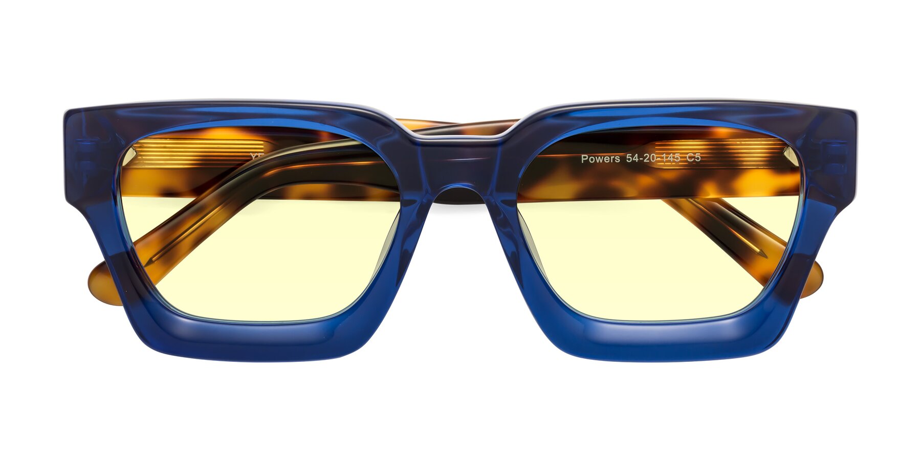 Folded Front of Powers in Blue-Tortoise with Light Yellow Tinted Lenses