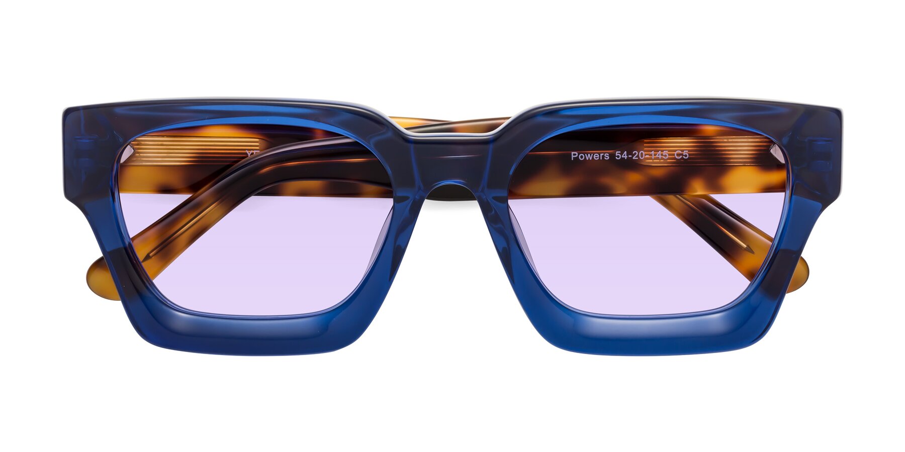 Folded Front of Powers in Blue-Tortoise with Light Purple Tinted Lenses
