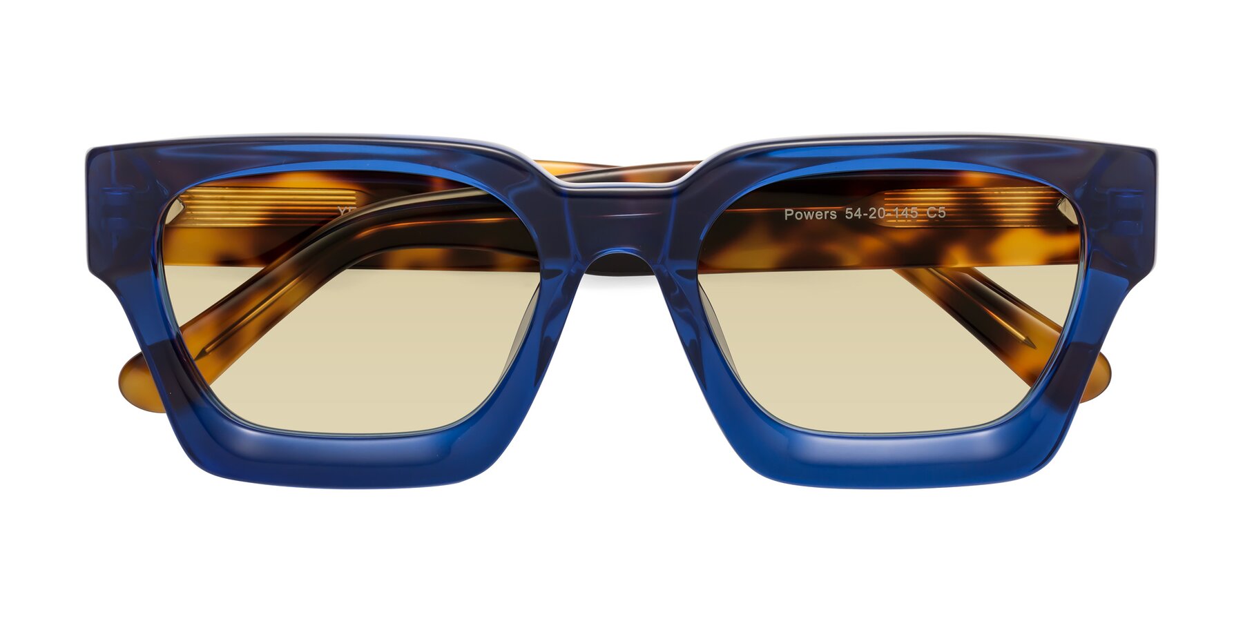 Folded Front of Powers in Blue-Tortoise with Light Champagne Tinted Lenses
