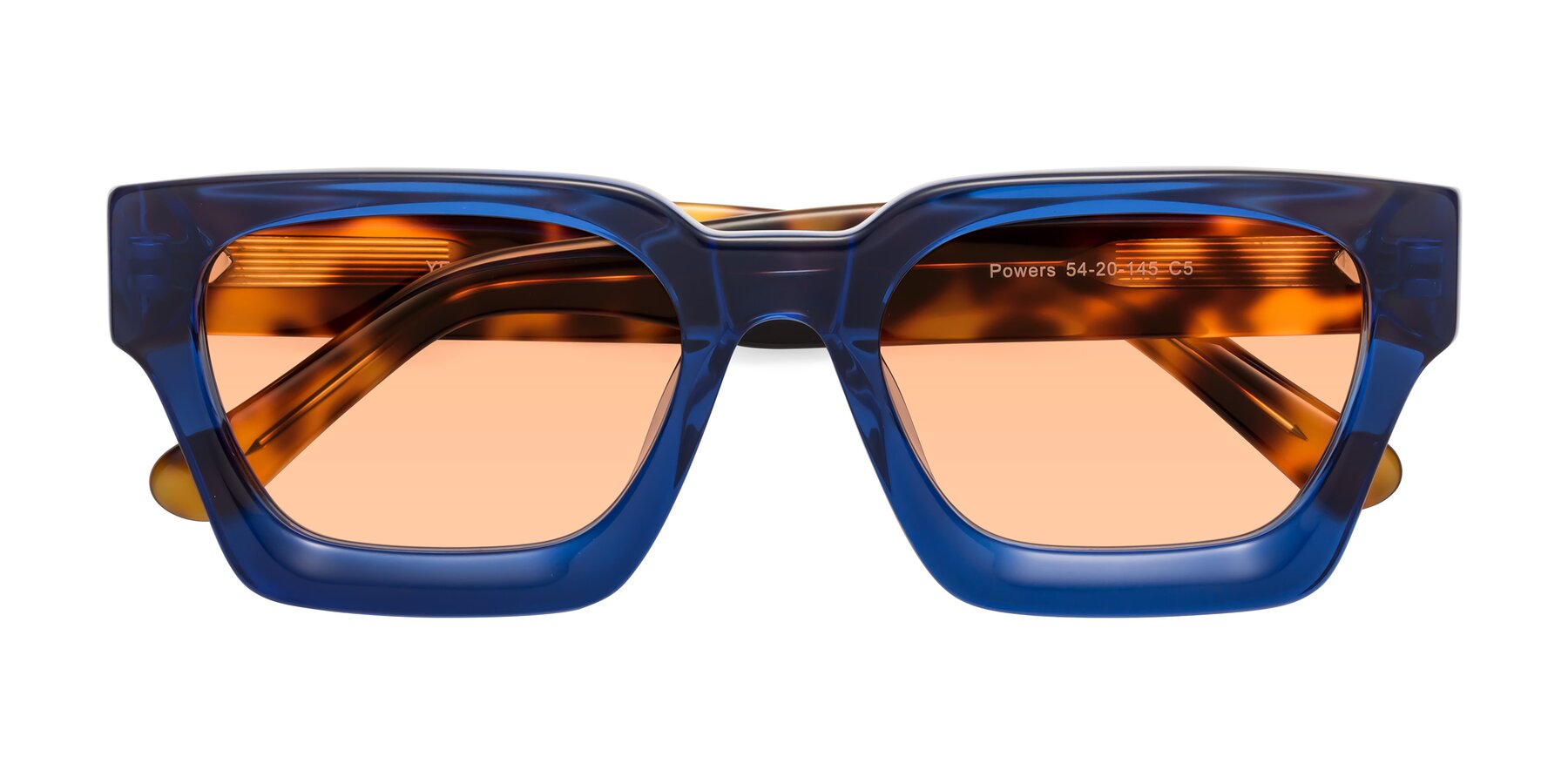 Folded Front of Powers in Blue-Tortoise with Light Orange Tinted Lenses