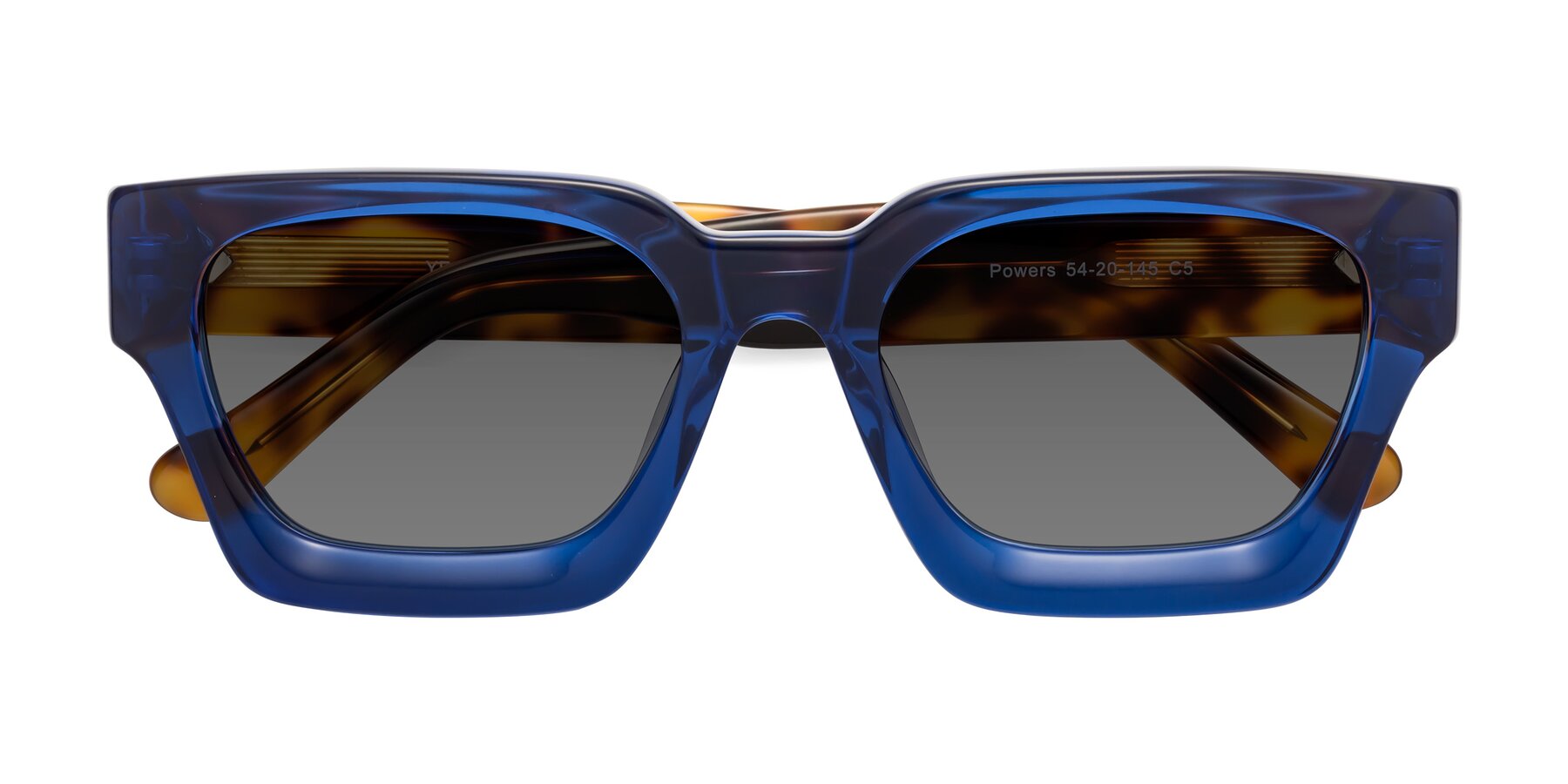 Folded Front of Powers in Blue-Tortoise with Medium Gray Tinted Lenses