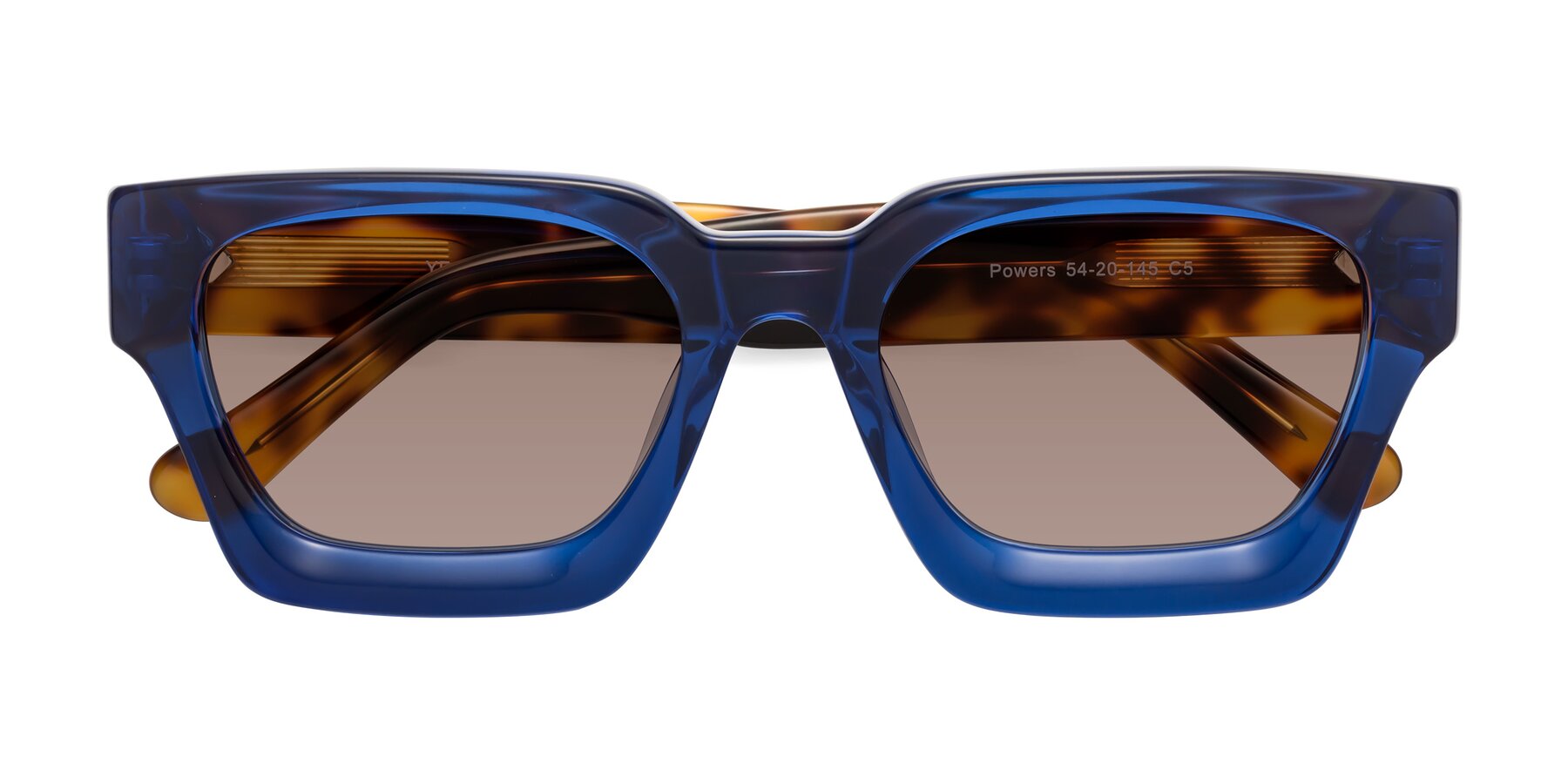 Folded Front of Powers in Blue-Tortoise with Medium Brown Tinted Lenses