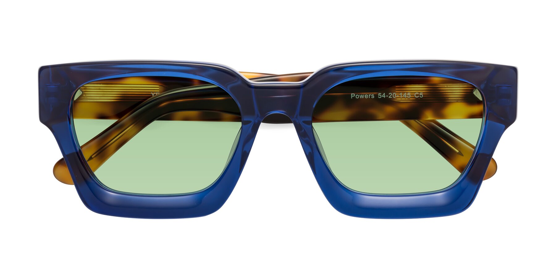 Folded Front of Powers in Blue-Tortoise with Medium Green Tinted Lenses