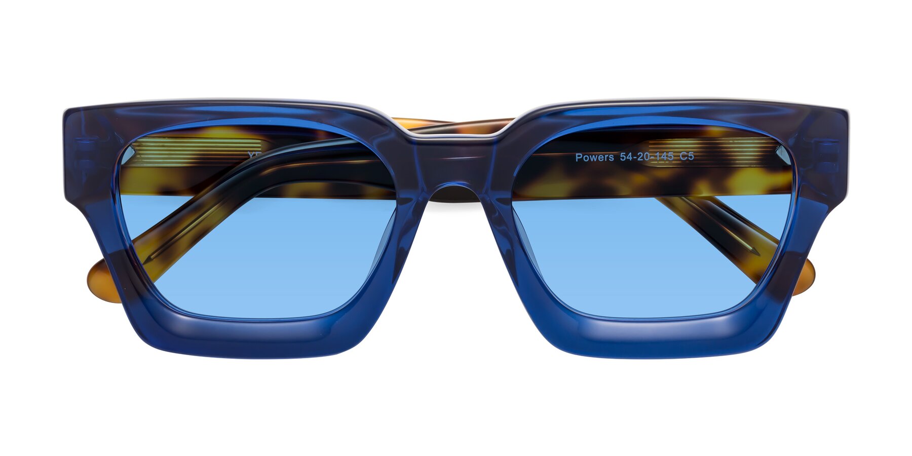 Folded Front of Powers in Blue-Tortoise with Medium Blue Tinted Lenses