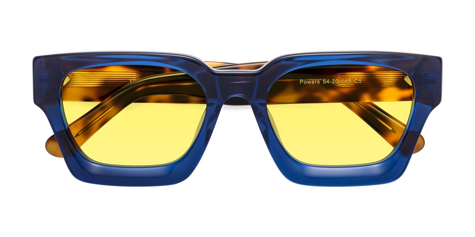 Folded Front of Powers in Blue-Tortoise with Medium Yellow Tinted Lenses