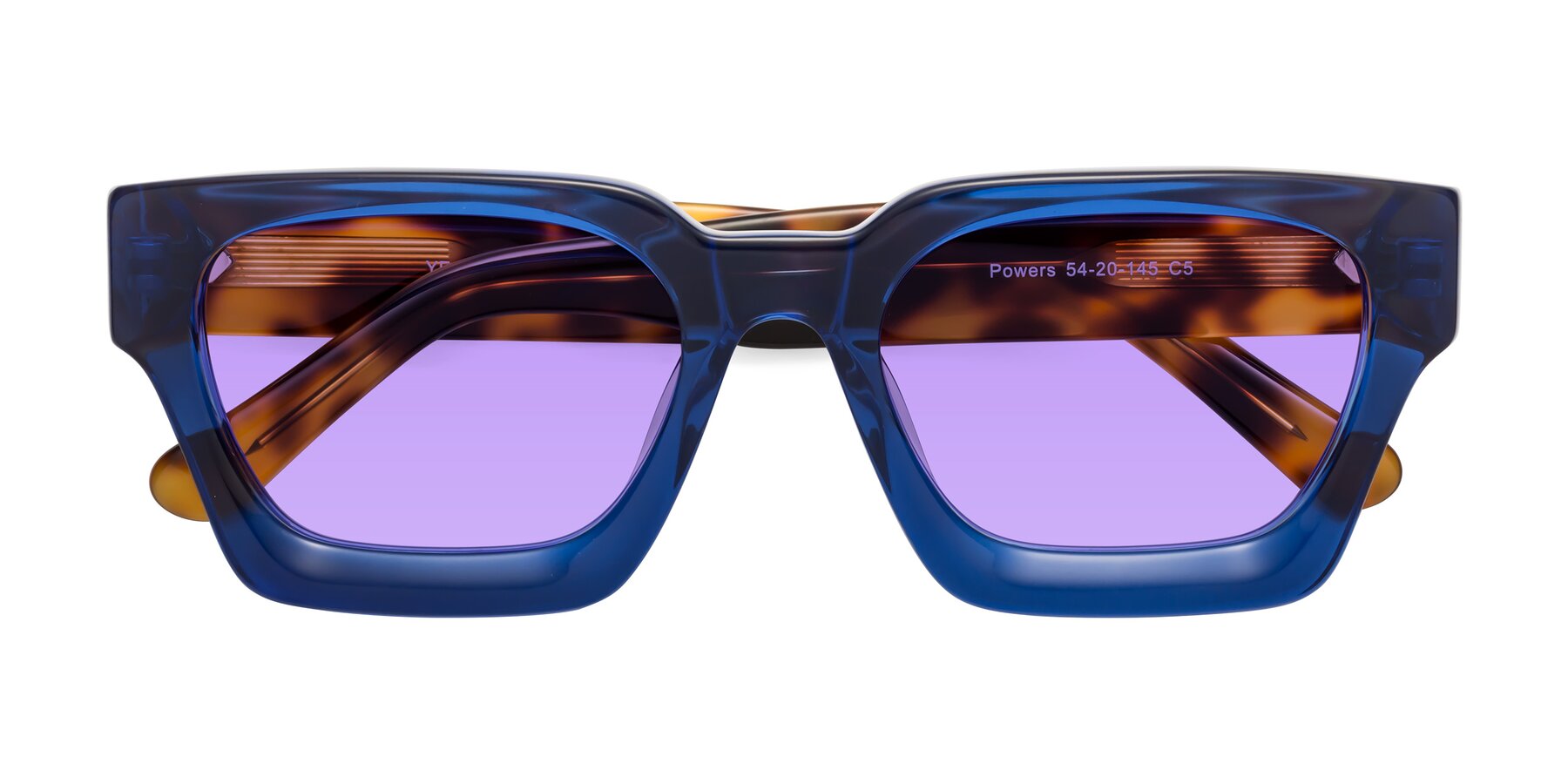 Folded Front of Powers in Blue-Tortoise with Medium Purple Tinted Lenses
