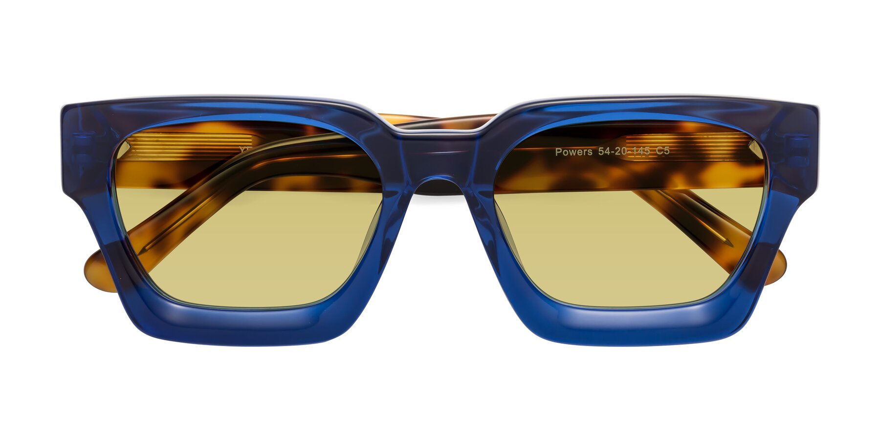 Folded Front of Powers in Blue-Tortoise with Medium Champagne Tinted Lenses