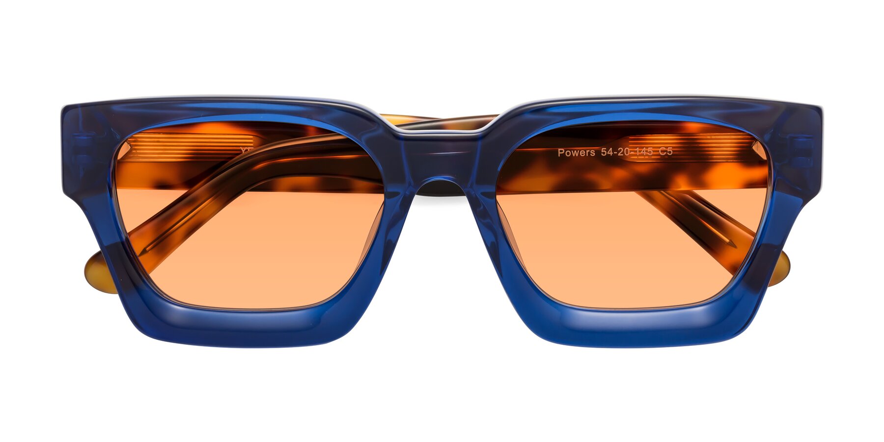 Folded Front of Powers in Blue-Tortoise with Medium Orange Tinted Lenses