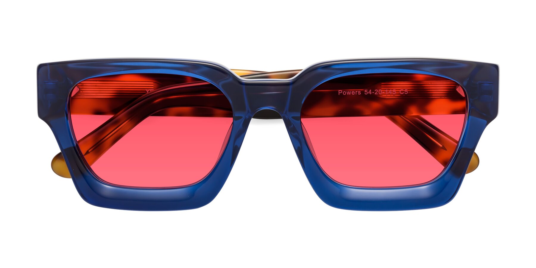 Folded Front of Powers in Blue-Tortoise with Red Tinted Lenses