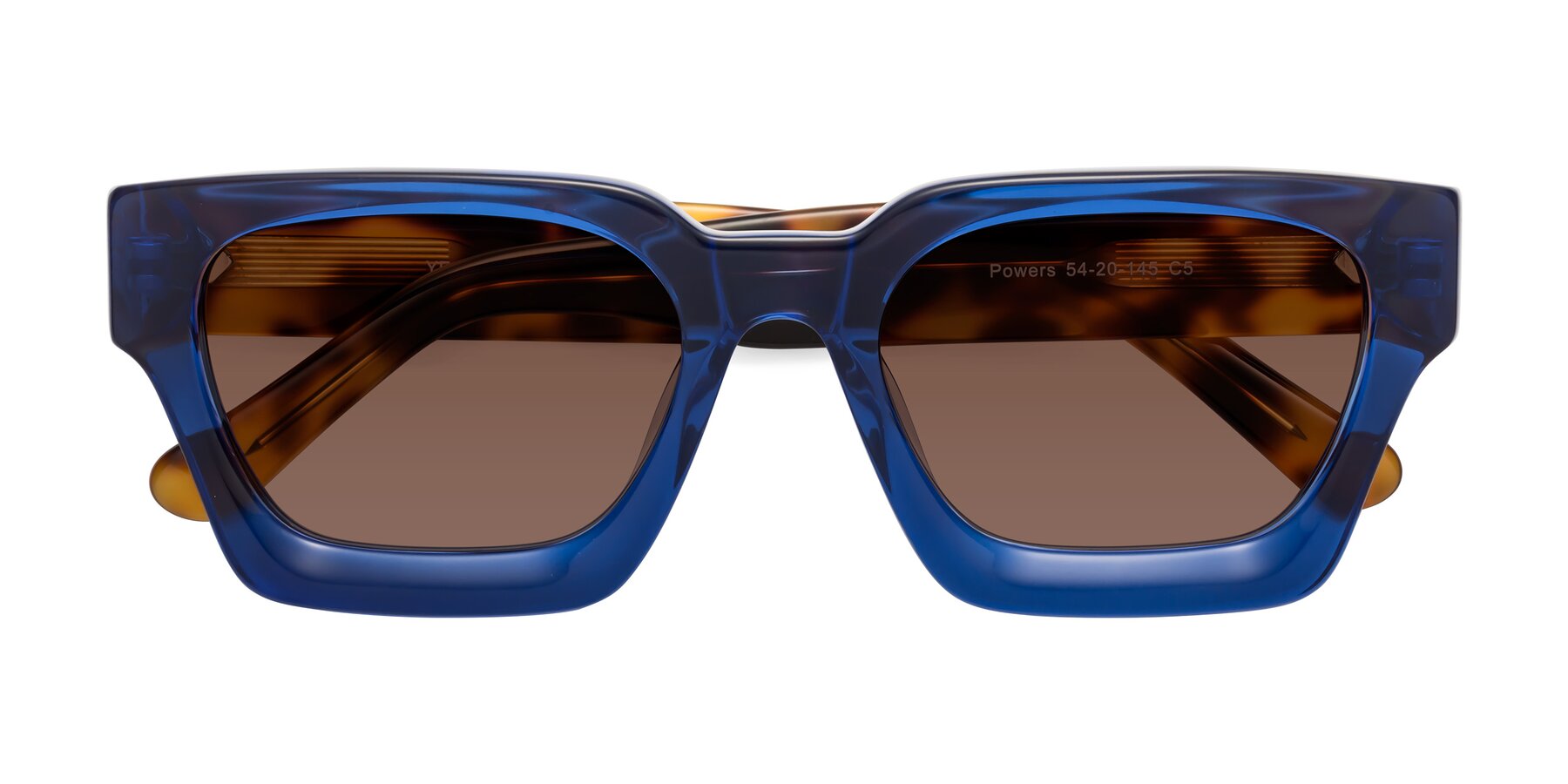 Folded Front of Powers in Blue-Tortoise with Brown Tinted Lenses