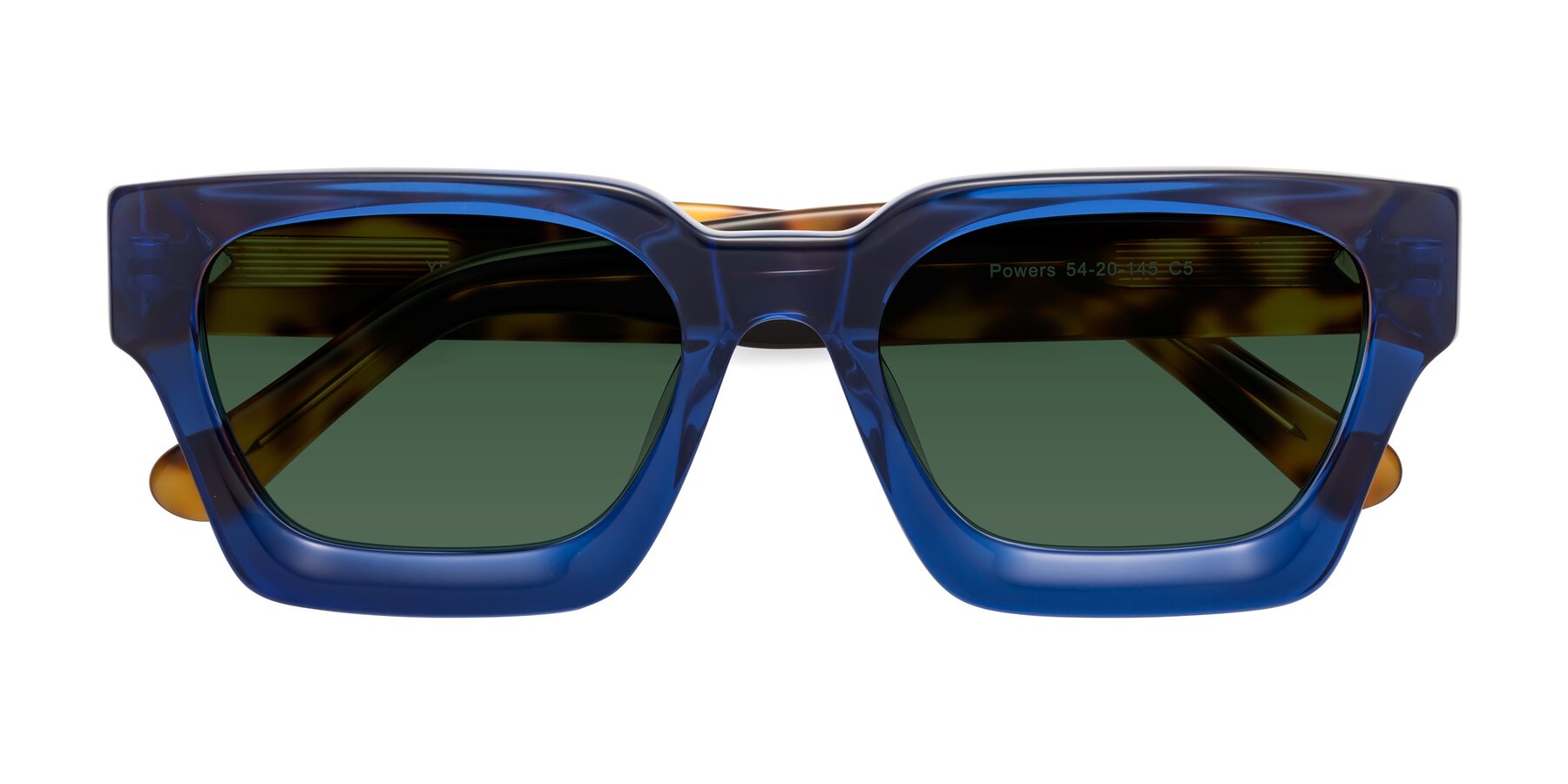 Folded Front of Powers in Blue-Tortoise with Green Tinted Lenses