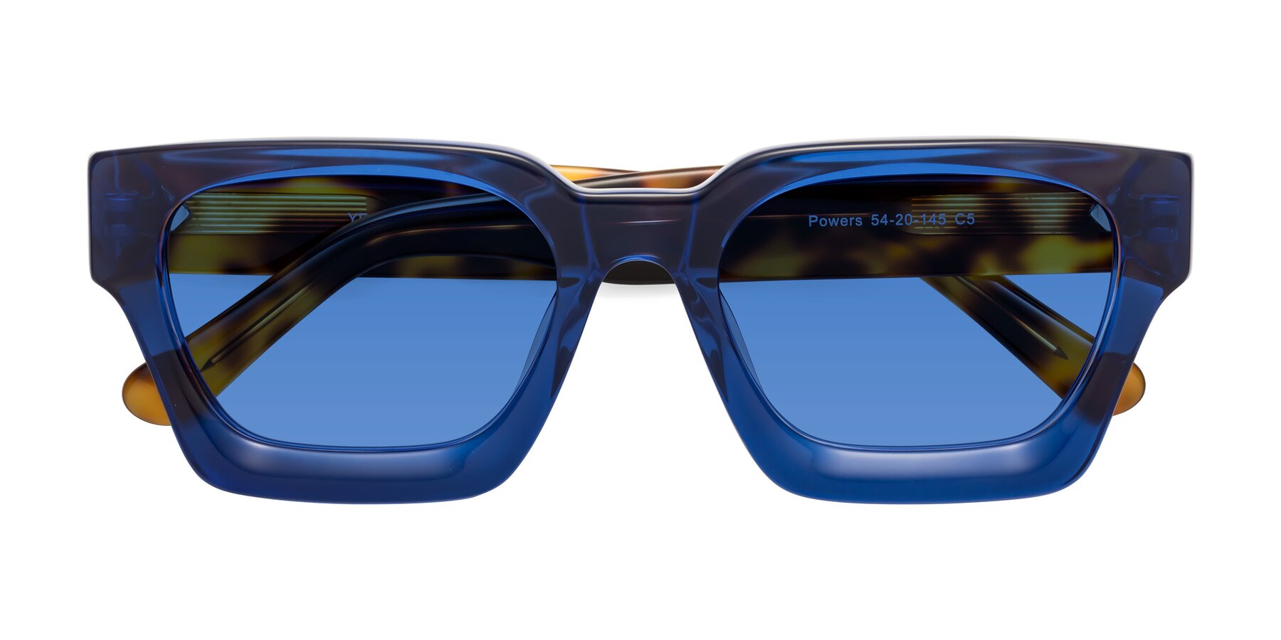 Folded Front of Powers in Blue-Tortoise with Blue Tinted Lenses