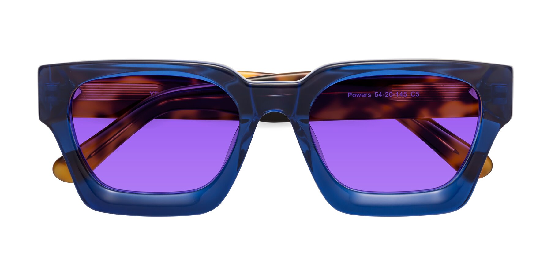 Folded Front of Powers in Blue-Tortoise with Purple Tinted Lenses