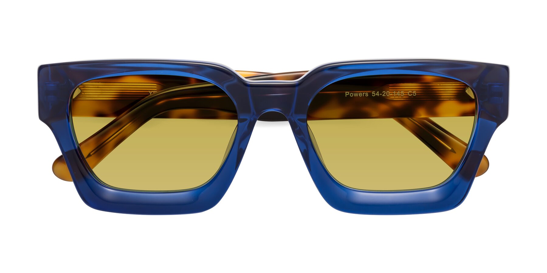 Folded Front of Powers in Blue-Tortoise with Champagne Tinted Lenses