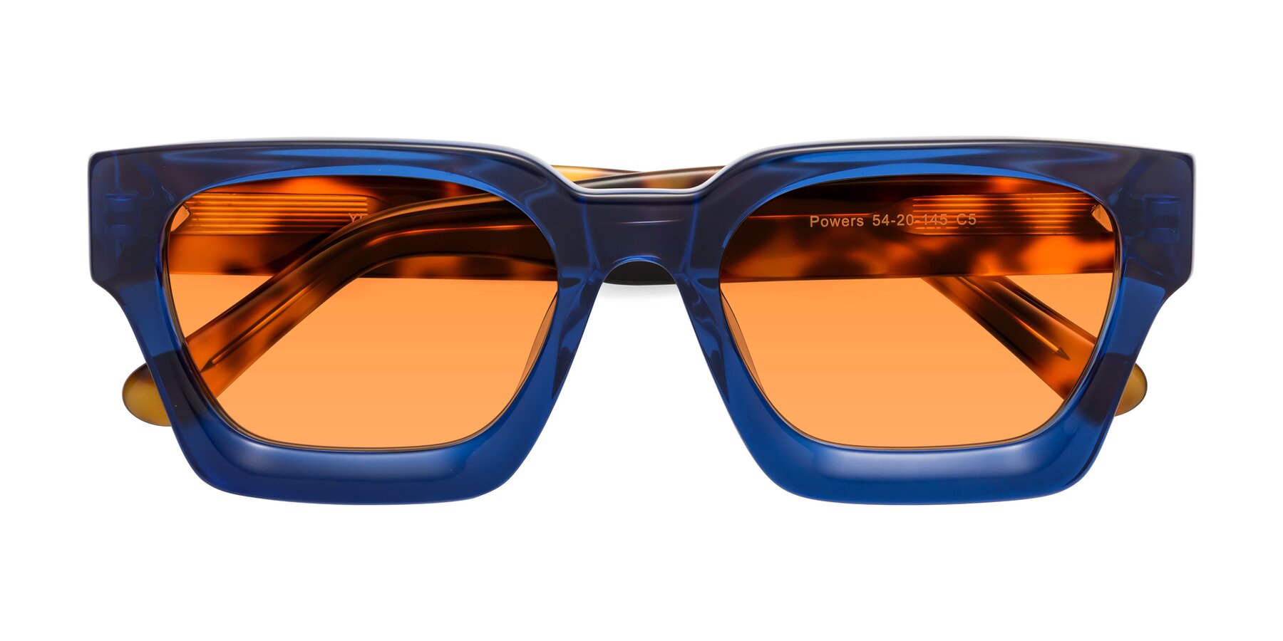 Folded Front of Powers in Blue-Tortoise with Orange Tinted Lenses