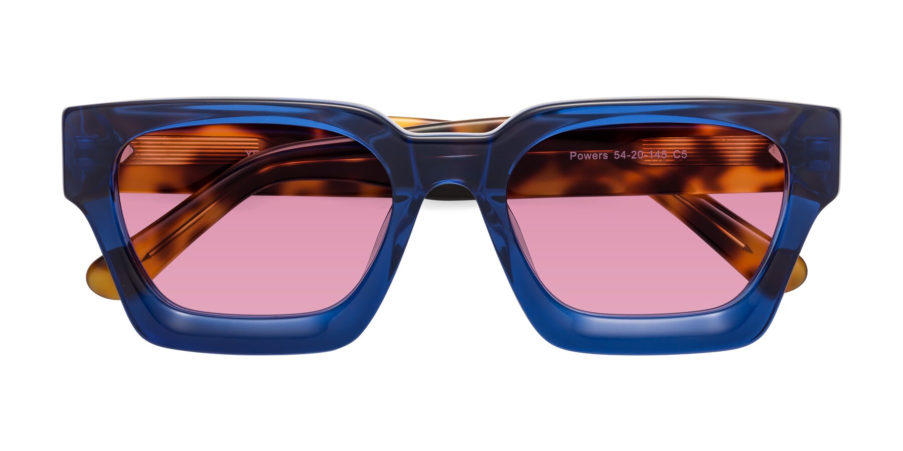 Folded Front of Powers in Blue-Tortoise with Medium Wine Tinted Lenses