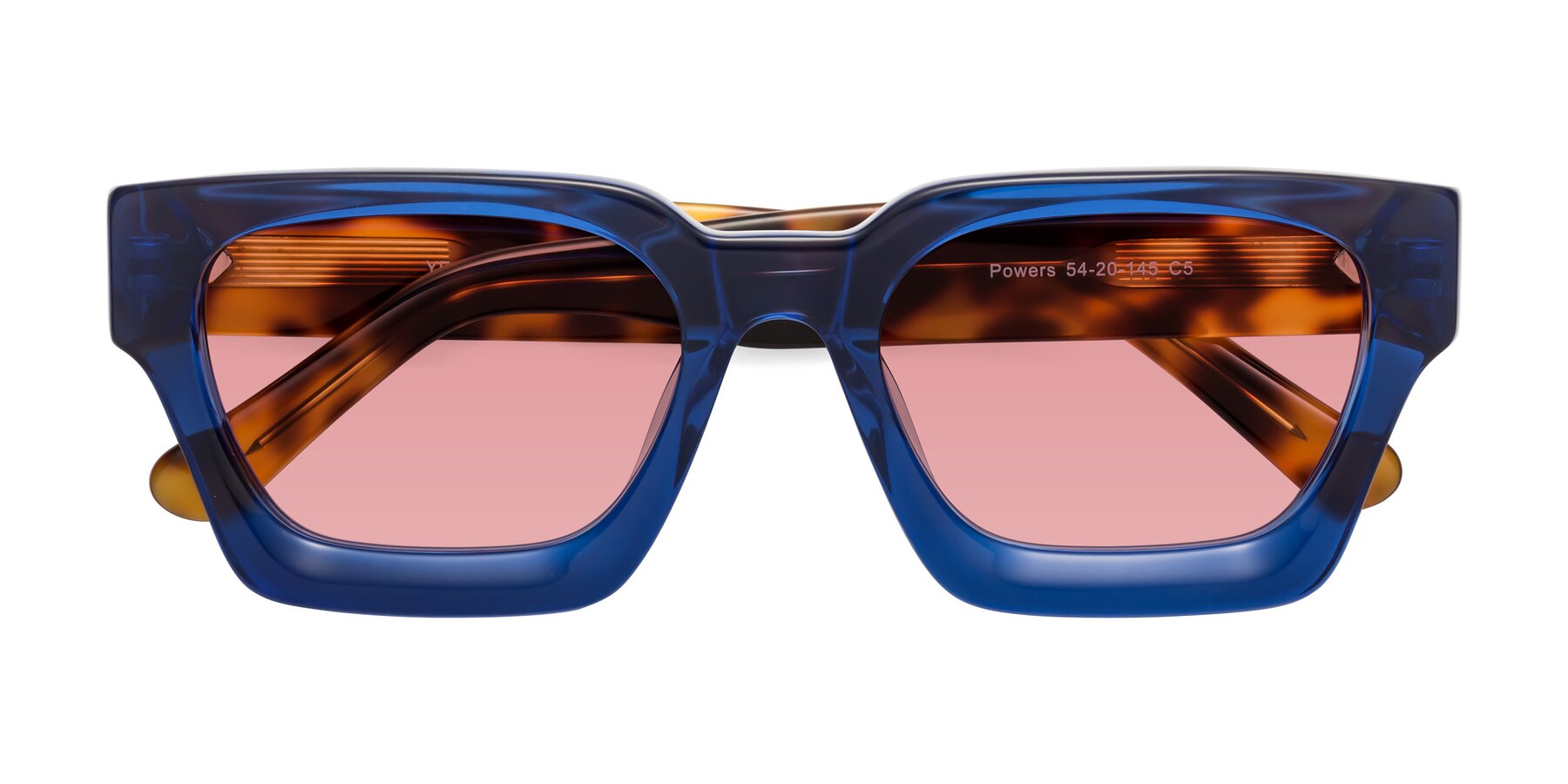 Folded Front of Powers in Blue-Tortoise with Medium Garnet Tinted Lenses