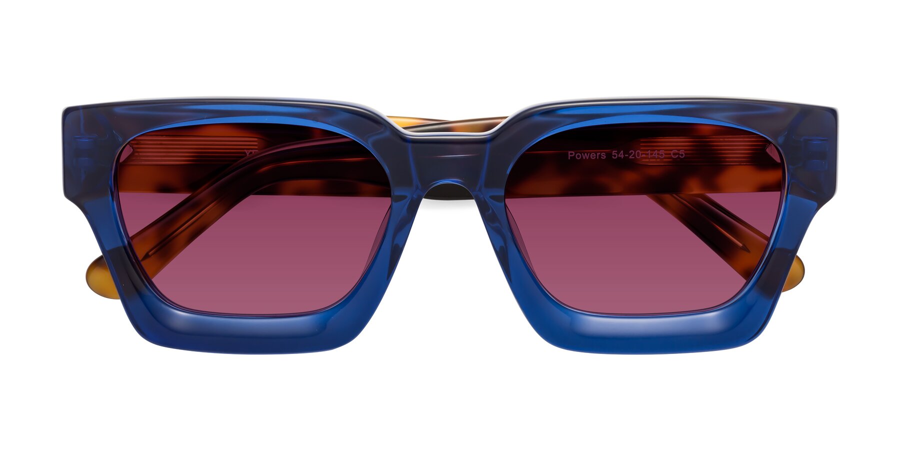 Folded Front of Powers in Blue-Tortoise with Wine Tinted Lenses