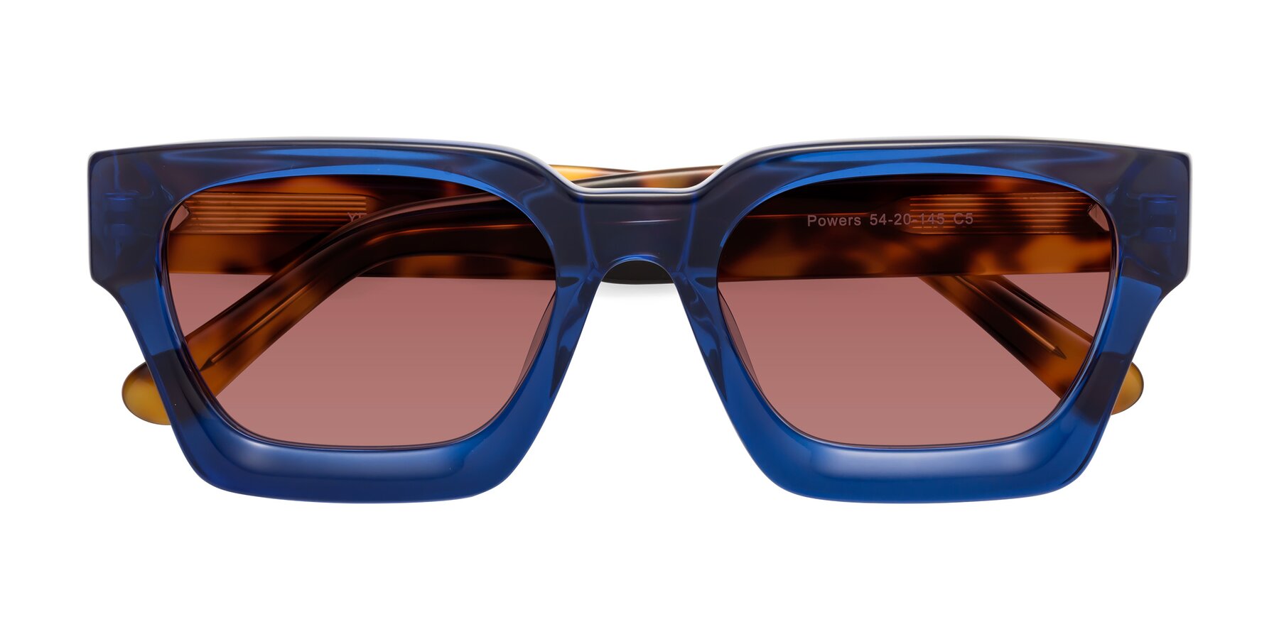 Folded Front of Powers in Blue-Tortoise with Garnet Tinted Lenses