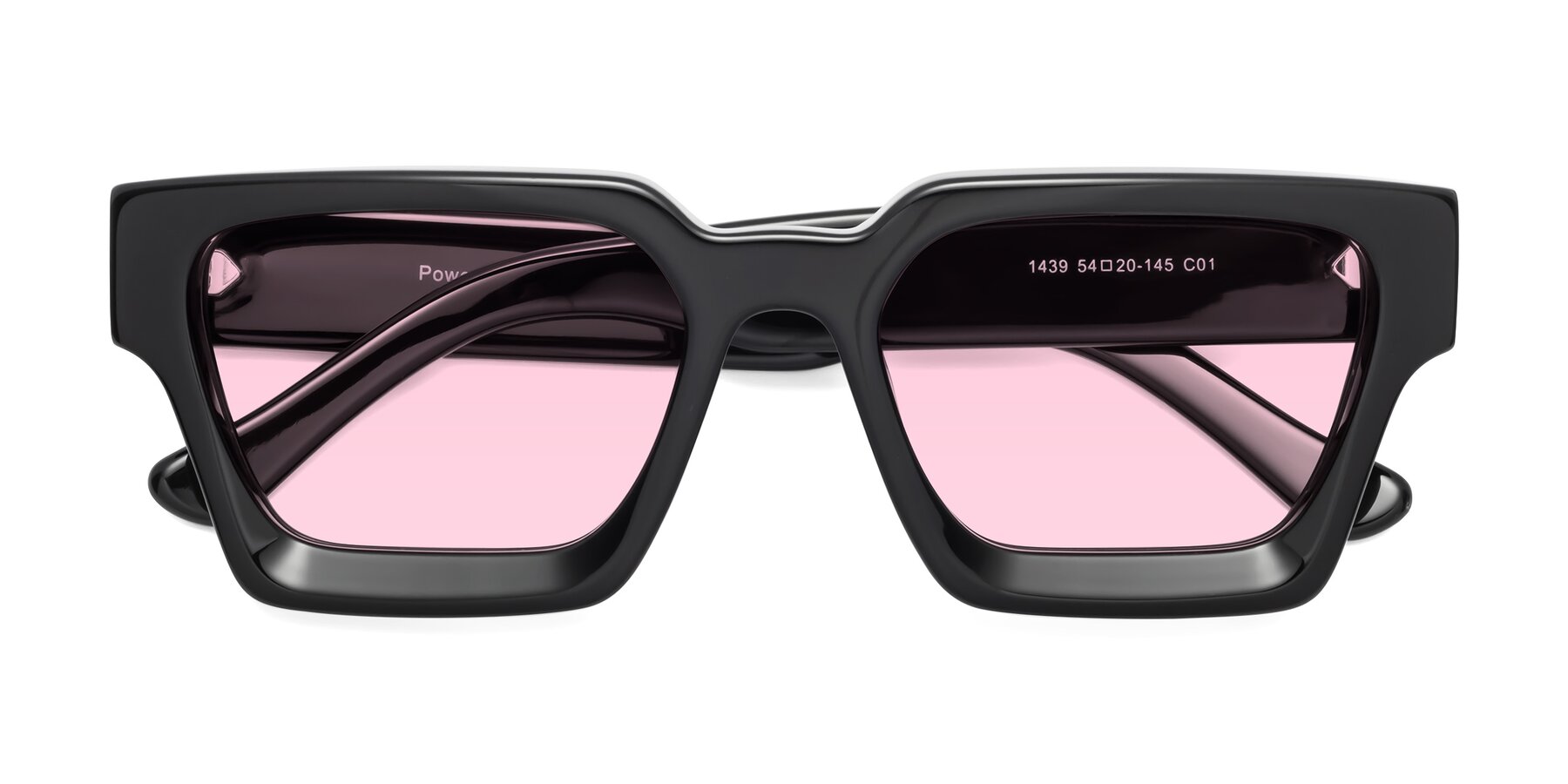 Folded Front of Powers in Black with Light Pink Tinted Lenses