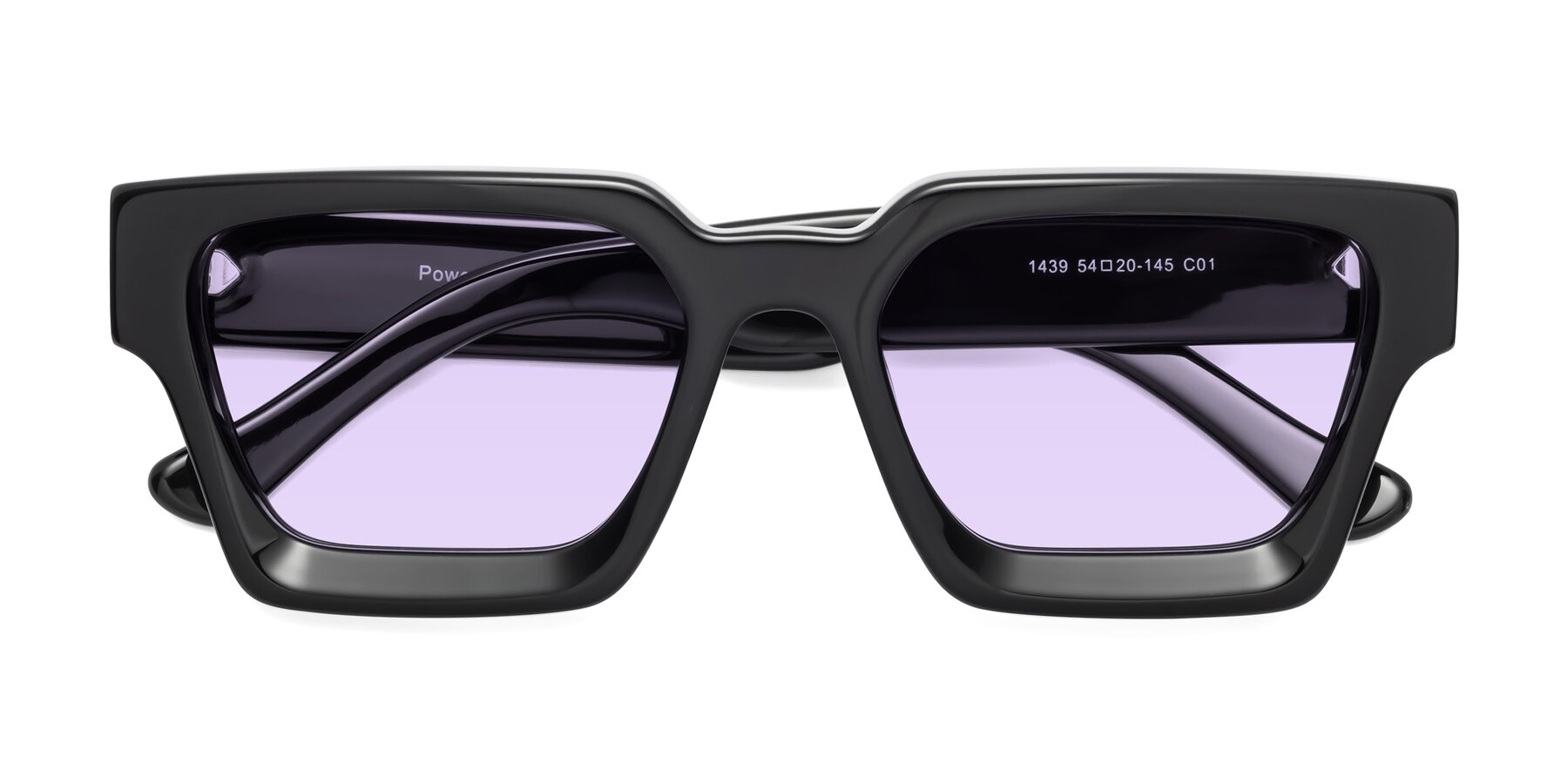 Folded Front of Powers in Black with Light Purple Tinted Lenses