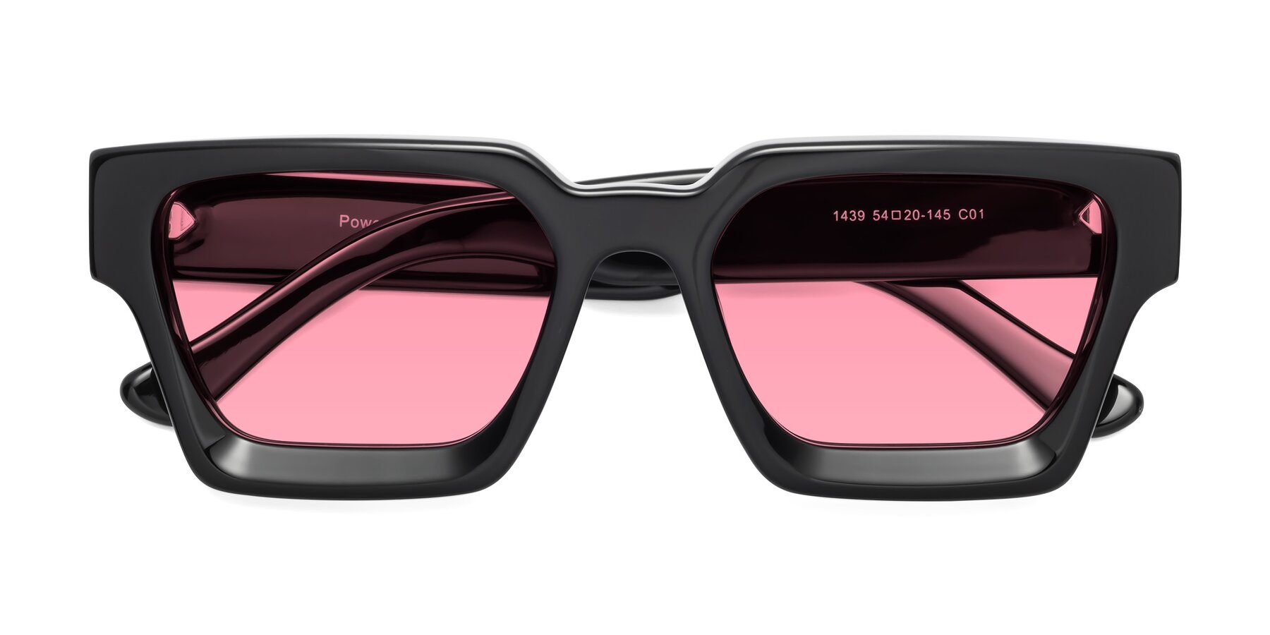 Folded Front of Powers in Black with Pink Tinted Lenses