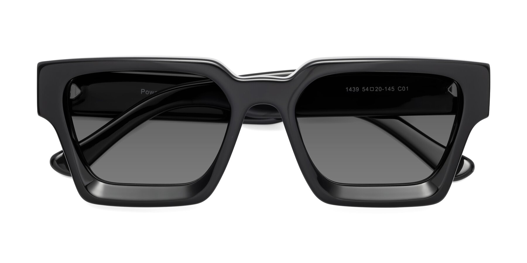 Folded Front of Powers in Black with Medium Gray Tinted Lenses