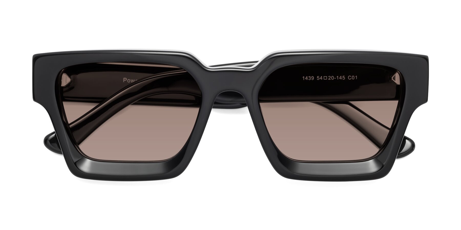 Folded Front of Powers in Black with Medium Brown Tinted Lenses